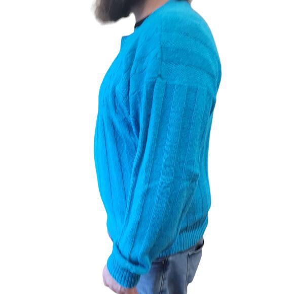 Vntg 1980s Perry Ellis Mens Turquoise Silk Cotton Cable Knit Fisherman Sweater - Picture 6 of 8